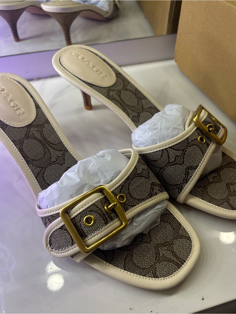 COACH Brown Signature Slide Mules with Gold Buckle and Cream Trim Size 40 Kitten